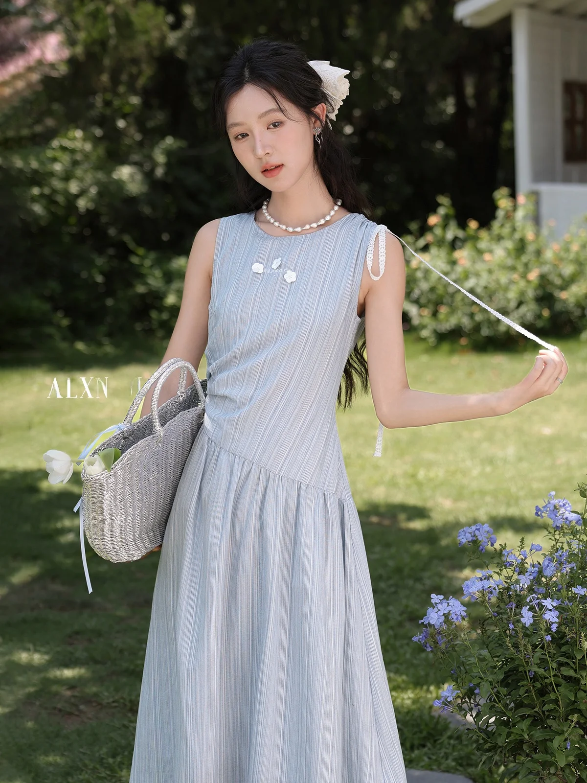 กระโปรงยาวทรงเอ สไตล์ลำลอง สำหรับผู้หญิง ไซส์เล็ก รุ่นคลาสซี่ สีฟ้า สำหรับฤดูร้อน