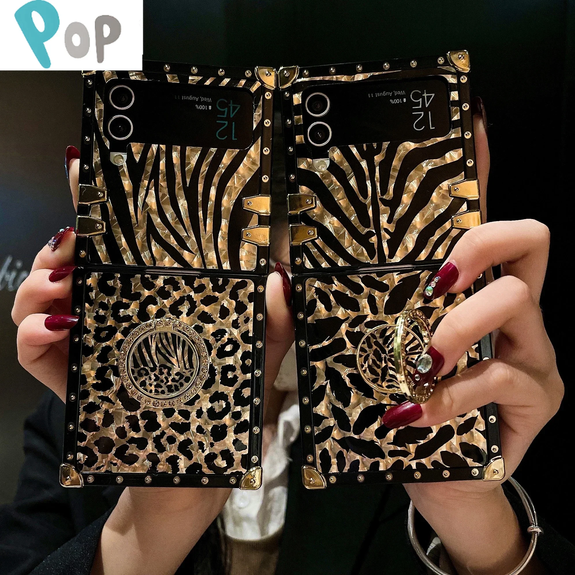 Sexy Gold Glitter Leopard Print Rivet Square Phone Case For Samsung Galaxy Z Flip 4 3 5G Chic Rhinestone Ring Bracket Hard Cover