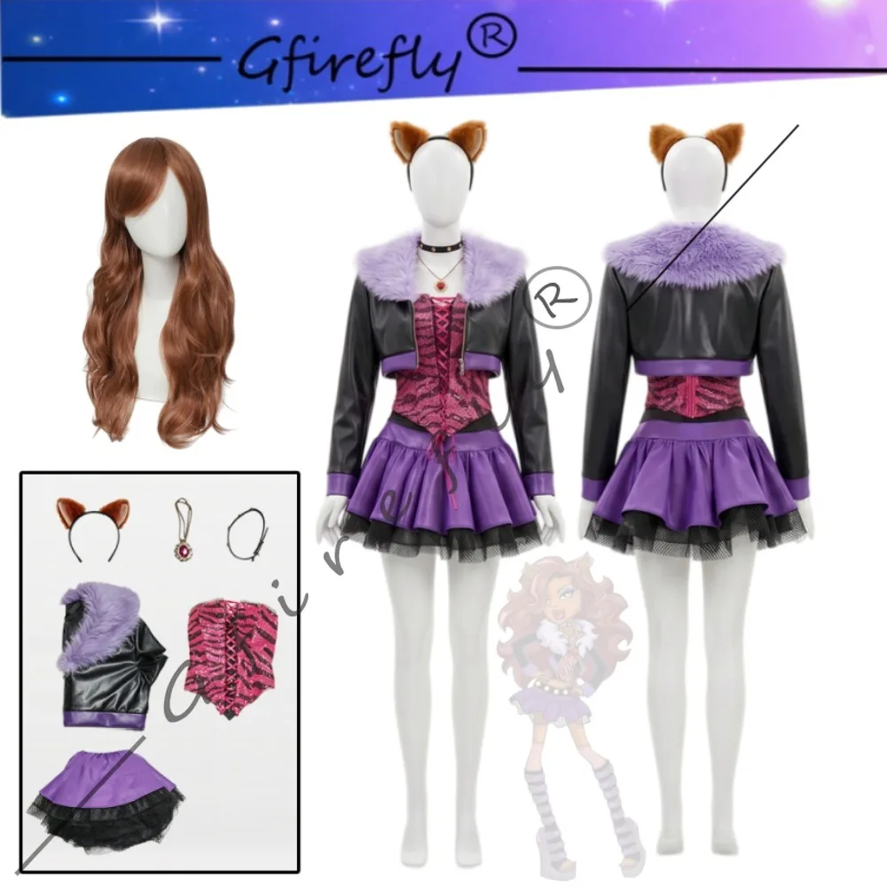 Clawdeen Wolf Cosplay-Kostüm im Y2K Gothic Punk-Stil, komplettes Set, Fantasy-Monster-Rollenspiel-Outfit für Comic Con und Halloween-Party