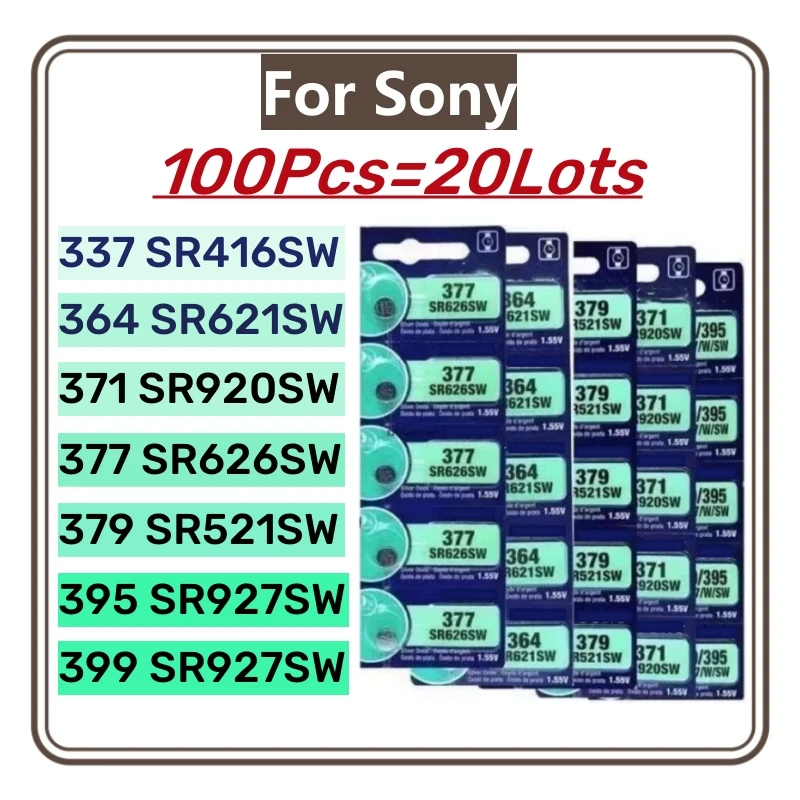 100pcs For Sony 337 SR416SW 364  SR621SW 371 SR920SW 377 SR626SW 379 SR521SW  395 399 SR927SW Coin Cell Silver Watch Battery