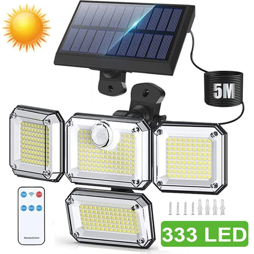 333 LED Solar Lights Outdoor Motion Sensor Human Induction Adjustable Head IP65 Waterproof 3 Modes Solar Power Wall Lamp