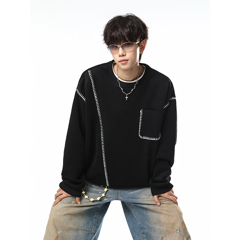2026 Autumn Brand Men's Round Neck Pullover Sweatshirt Korean Style Stitched Pocket Large Size Clothing Loose Casual Sweatshirt