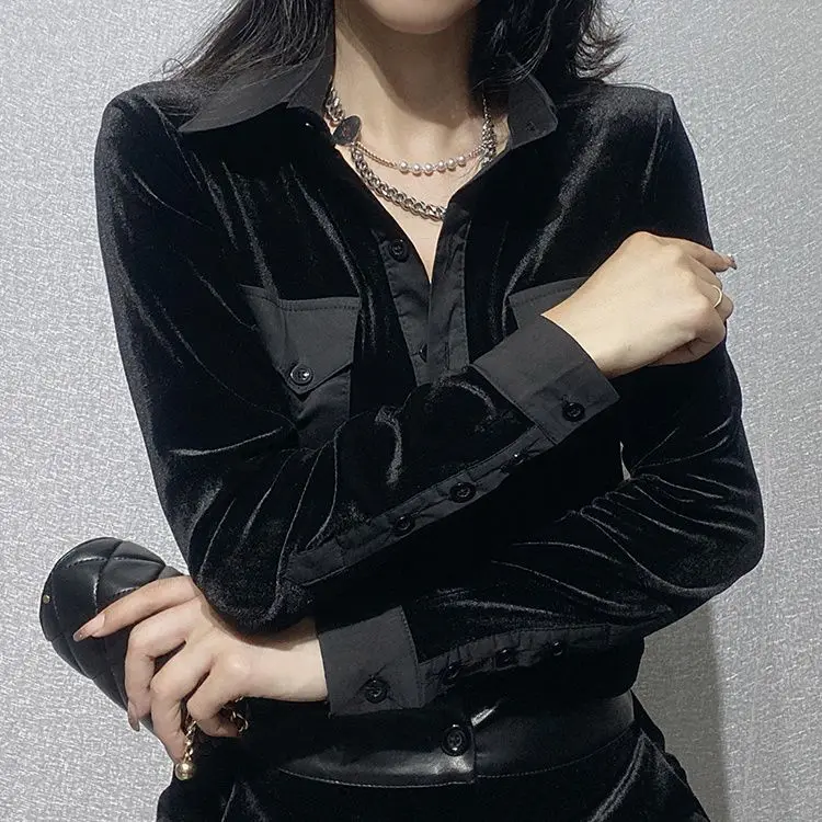 

Patchwork Vintage Blouse for Women's Camisas De Mujer Fashion Velvet Shirts Long Sleeve Casual Loose Korean Blouses Tops TT661