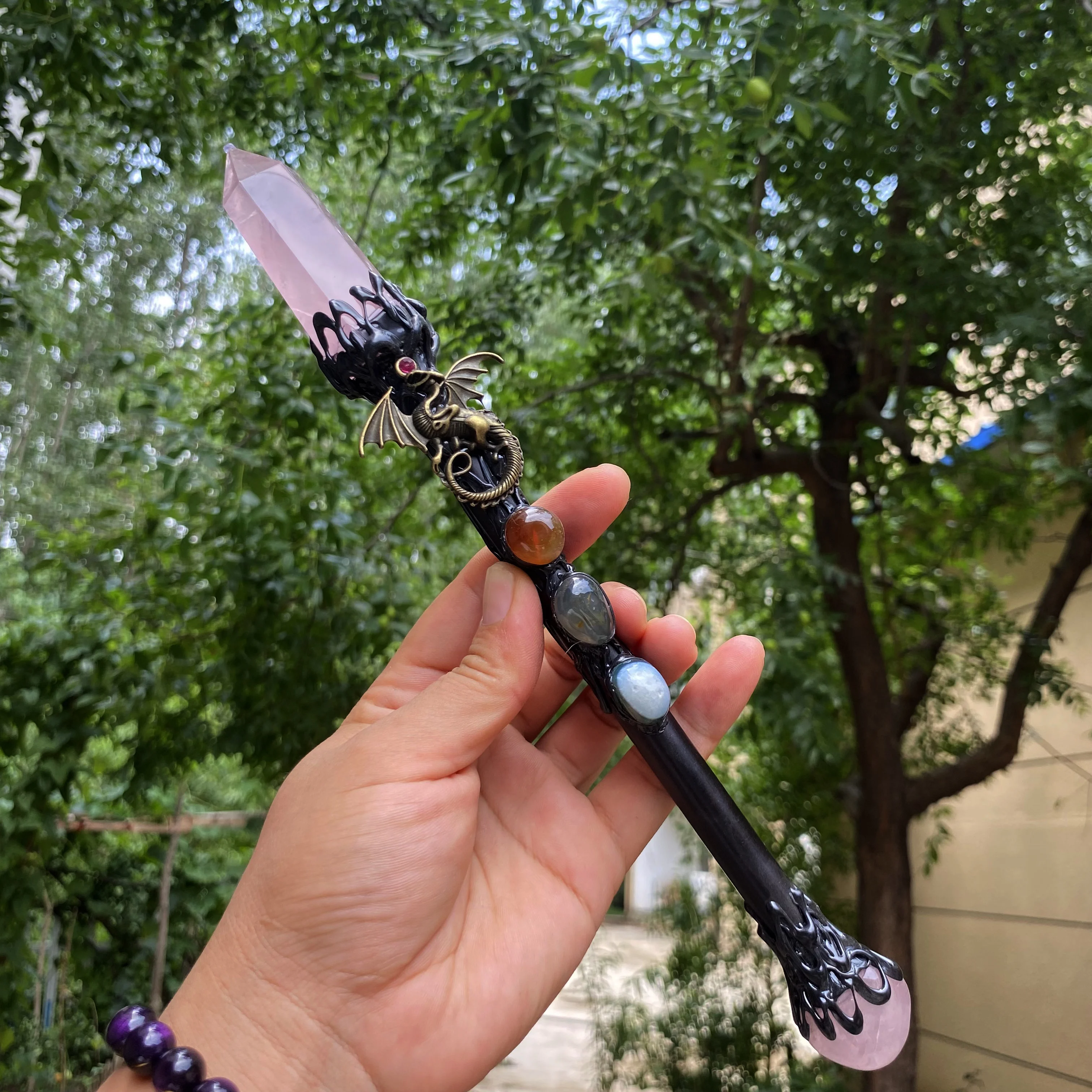 Handmade Natural Pink Rose Quartz Point Magic Wand Stick Healing Ornament For Home Decor