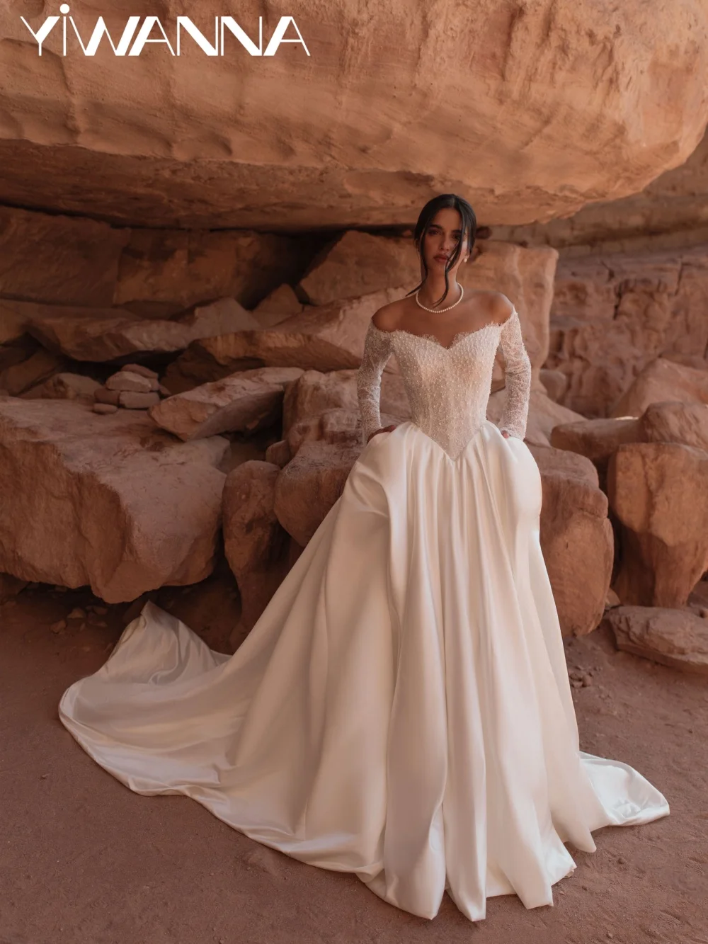 

2026 Embroidery Pearls Lace Wedding Dress Off Shoulder Satin Long Bridal Gown Customized Glamorous Backless Dresses For Bride