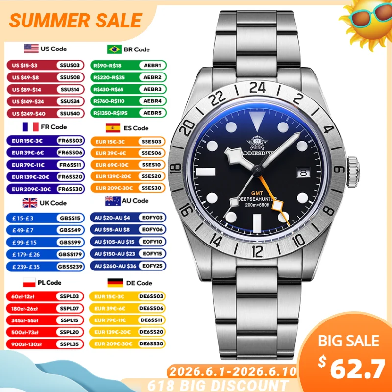 

ADDIESDIVE Men's Quartz Watch Top Brand 39mm GMT Dual Time Zone Wristwatch Bubble Glass Super Luminous Waterproof Male Watches