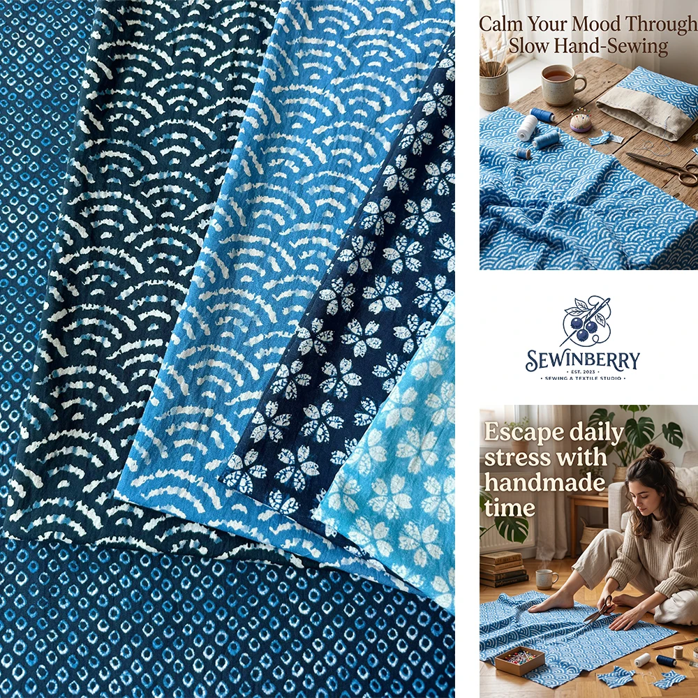 Japanese Style Wave Print Crinkled Cotton Fabric Stress-Relief DIY Sewing Material For Dress Curtain And Handmade Crafts