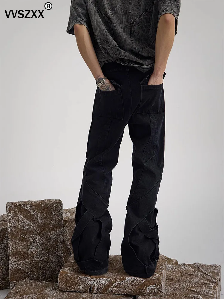 Men's Straight Micro Flared Jeans Heavy Industry Washed Deconstruction Design Black Denim Pants Male