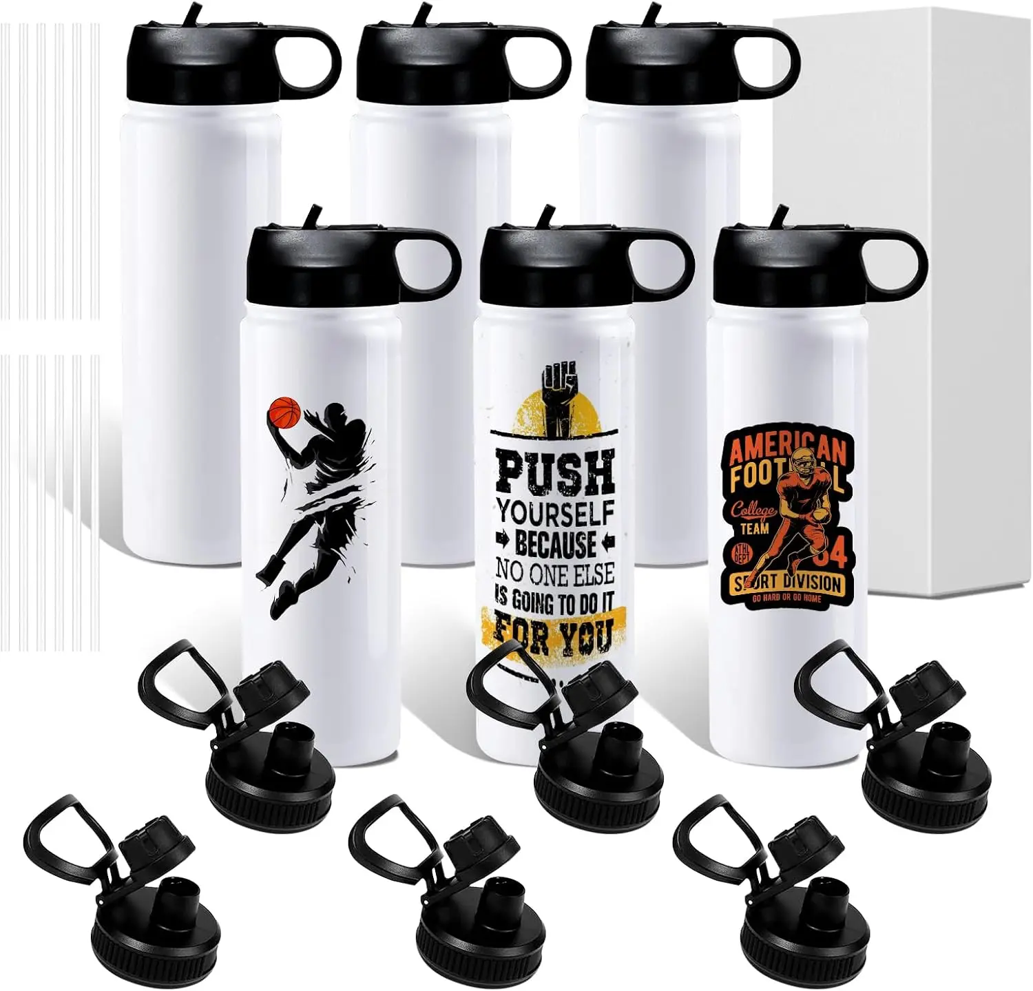 

20oz Sublimation Sports Water Bottle Stainless Steel Insulated White Tumbler with Wide Mouth Lid and Straw 6 Packs