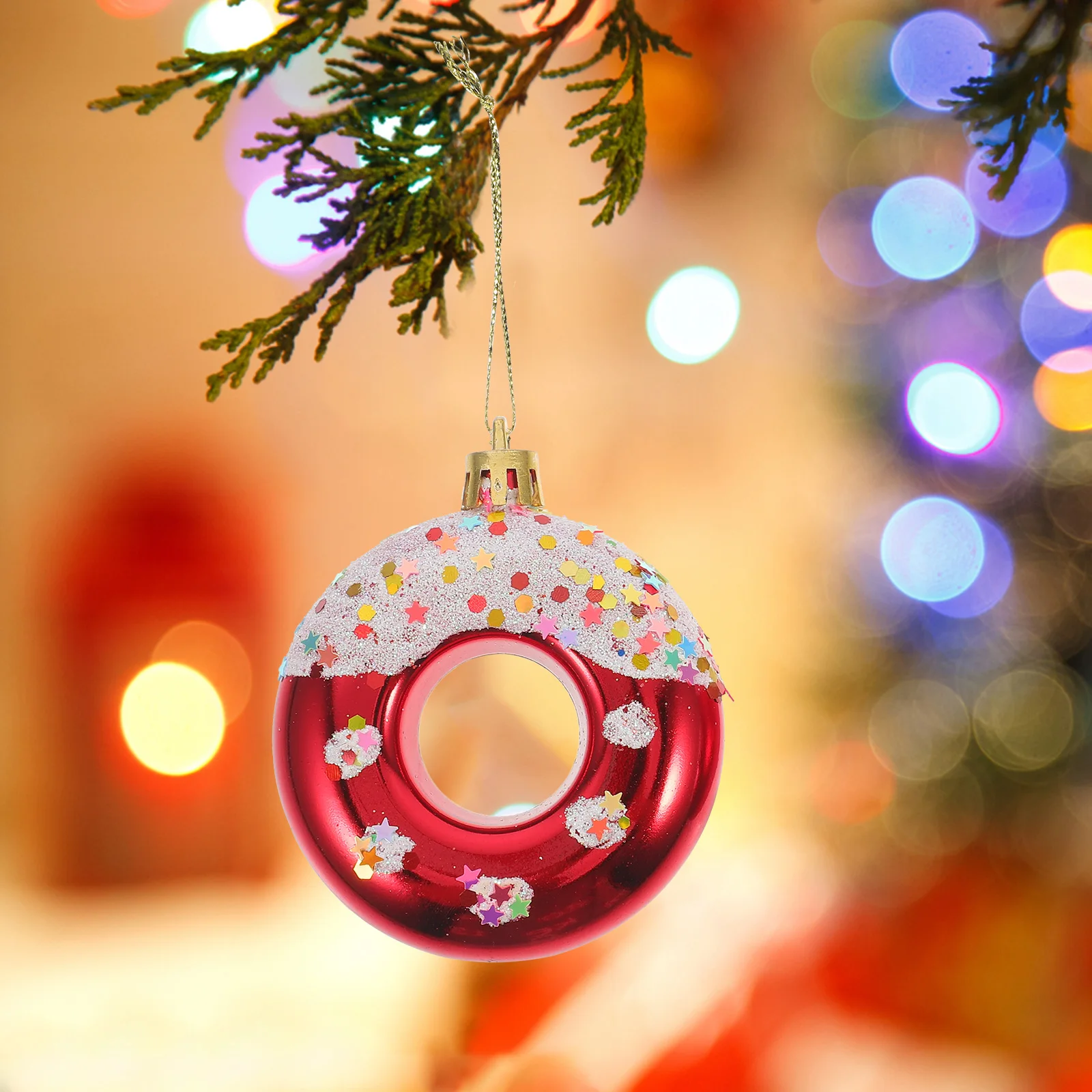 

4 Pcs Christmas Ball Pendant Xmas Tree Decor Donuts Plastic Hanging Ornaments for Indoor Party Wedding Holiday Home