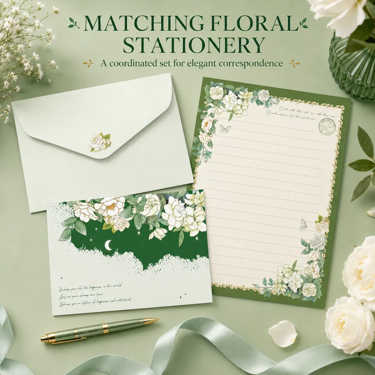 Gardenia Bloom Letter Writing Set, 4 Envelopes and 4 Lined Letter Papers, Floral Stationery for Wishes, Notes, Greeting Messages