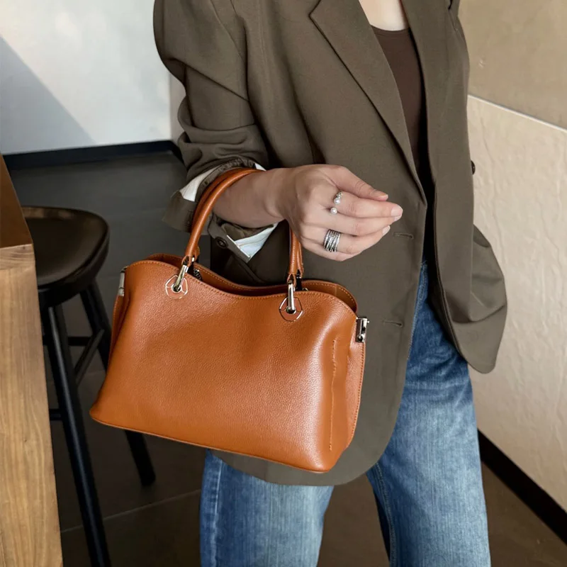 Elegant Women Genuine Leather Handbag Solid Color Lady Busines Convertible Crossbody Bgas Fashion Casual Top‑Handle Shoulder Bag