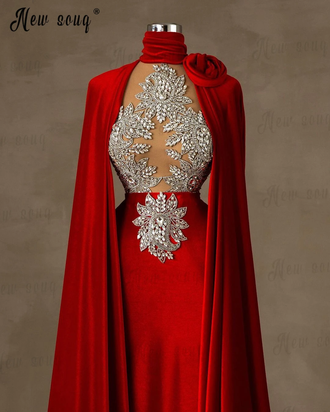 Red Velvet Long Cape Sleeve Evening Dress Mew Year Party Gowns Shiny Crystals Handmade Custom Made вечернее платье Plus Size