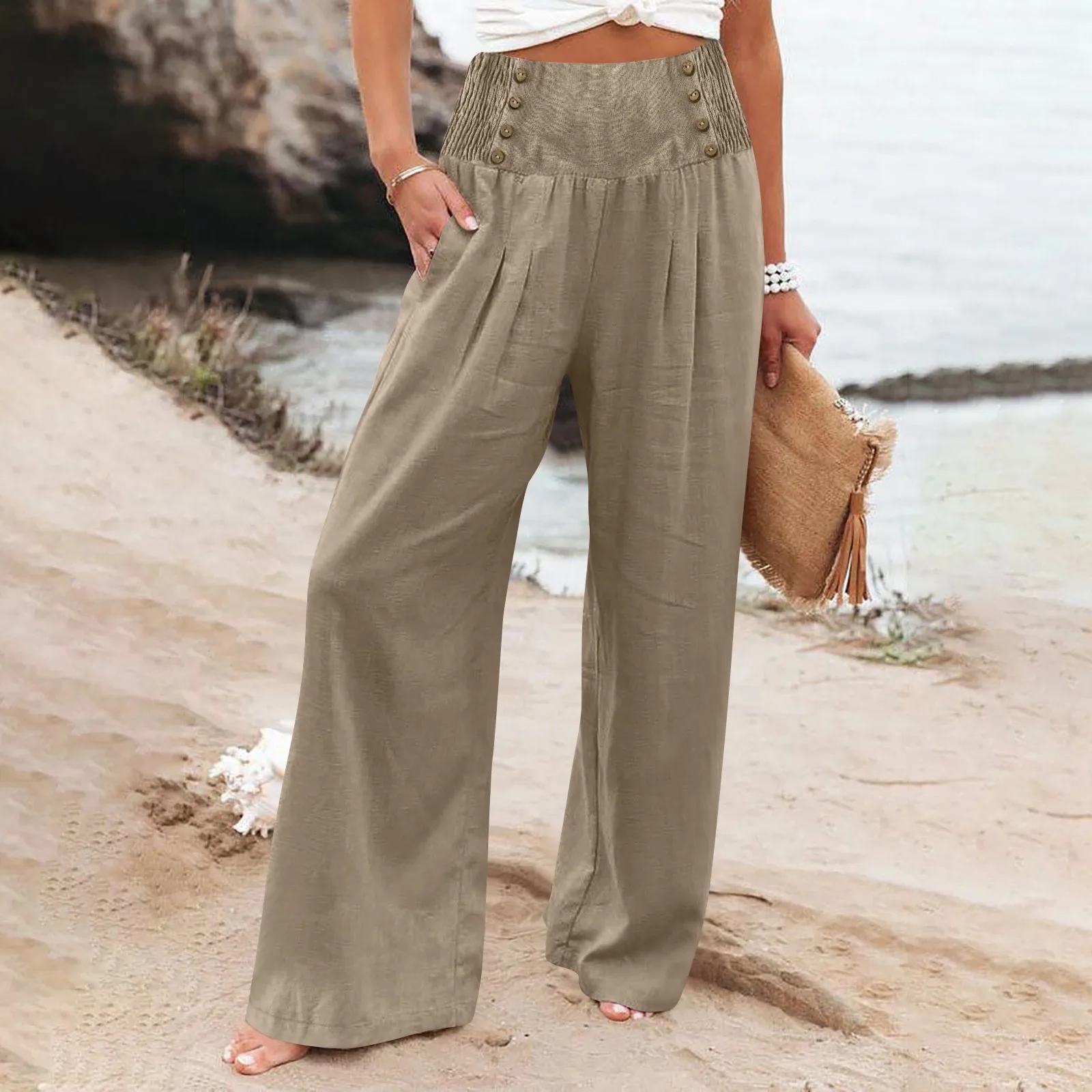 Pantalones de lino y algodón para mujer, Pantalón liso de cintura alta y pierna ancha, holgado, informal, de cáñamo, transpirable, para verano y otoño