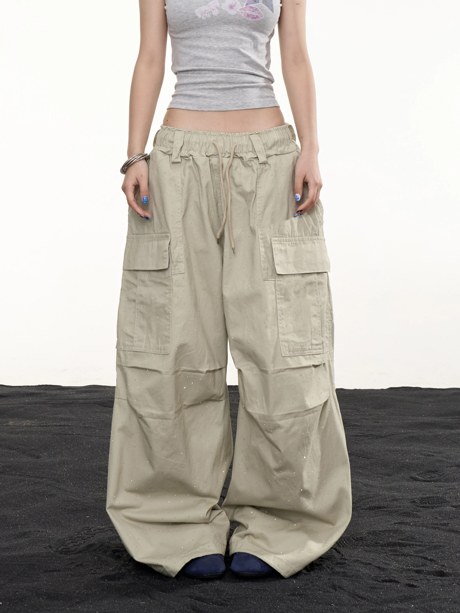 American Style Retro Rhinestone Multi-Pocket Work Pants Women Loose Wide Leg Pants Elastic Waist Straight Casual Long Pants