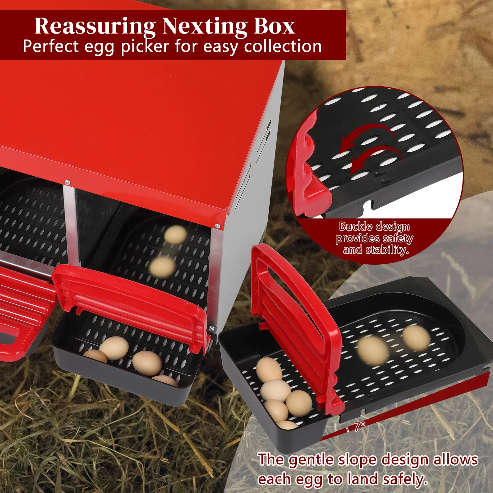 

3 Compartment Roll Out Chicken Nesting Box with Plastic Basket, Egg Nest Box Chicken Laying Box Hens Chicken Coop Box, Red