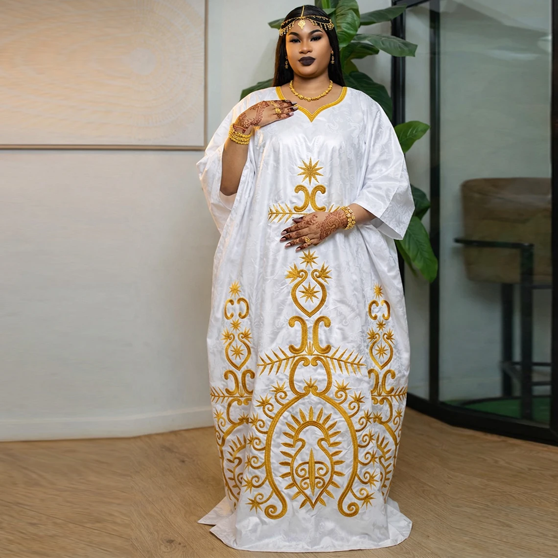 

Pure White African Plus Size Bazin Riche Boubou Dress Original Nigeria Wedding Party Dashiki Gown Shining Gold Line Guipure Robe