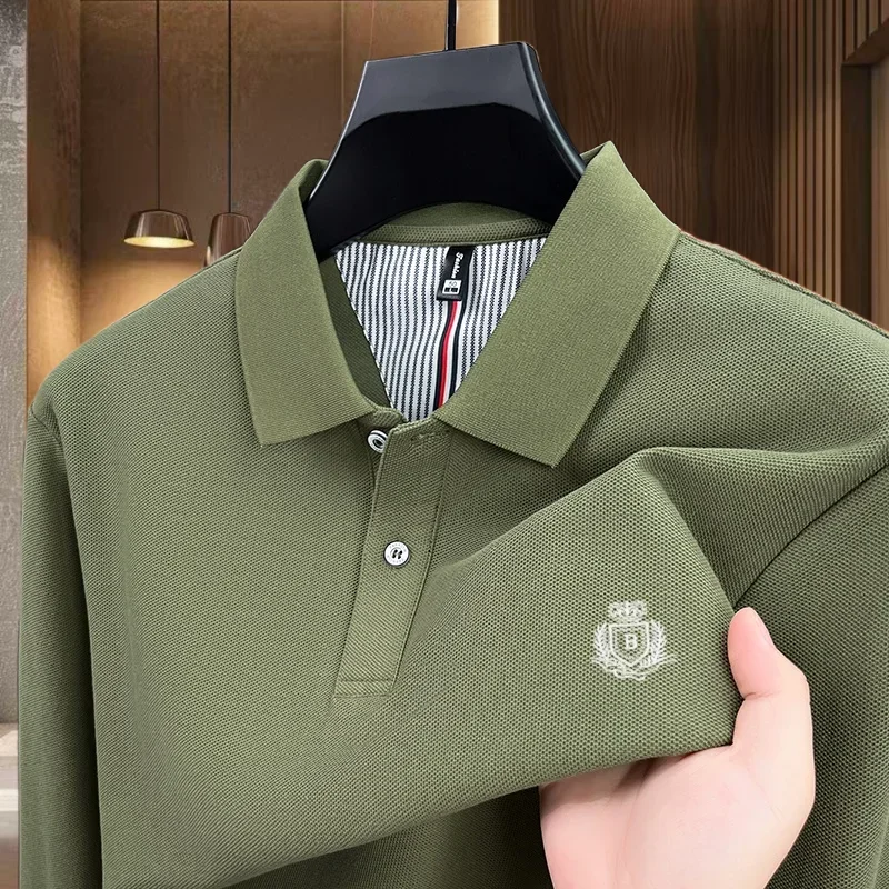 High quality men's brand new crown embroidered polo shirt comfortable and casual for spring and autumn pure cotton long sleeved