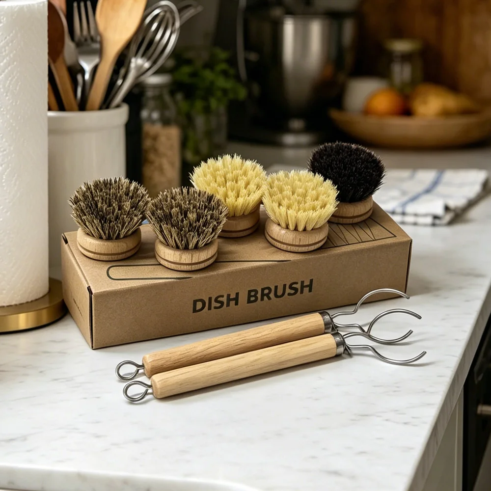 7pcs,Dish Brush Set with 5 Replacement Heads & 2 Wooden Handles, Kitchen Cleaning Brushes with Coconut, Sisal and Horsehair Bris