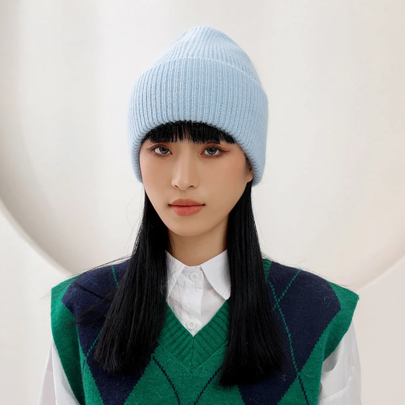 Korean Style Rabbit Hair Knitted Beanie Angora Wool Winter Hat for Women Warm Fleece Lined Slouchy Pull-on Cap