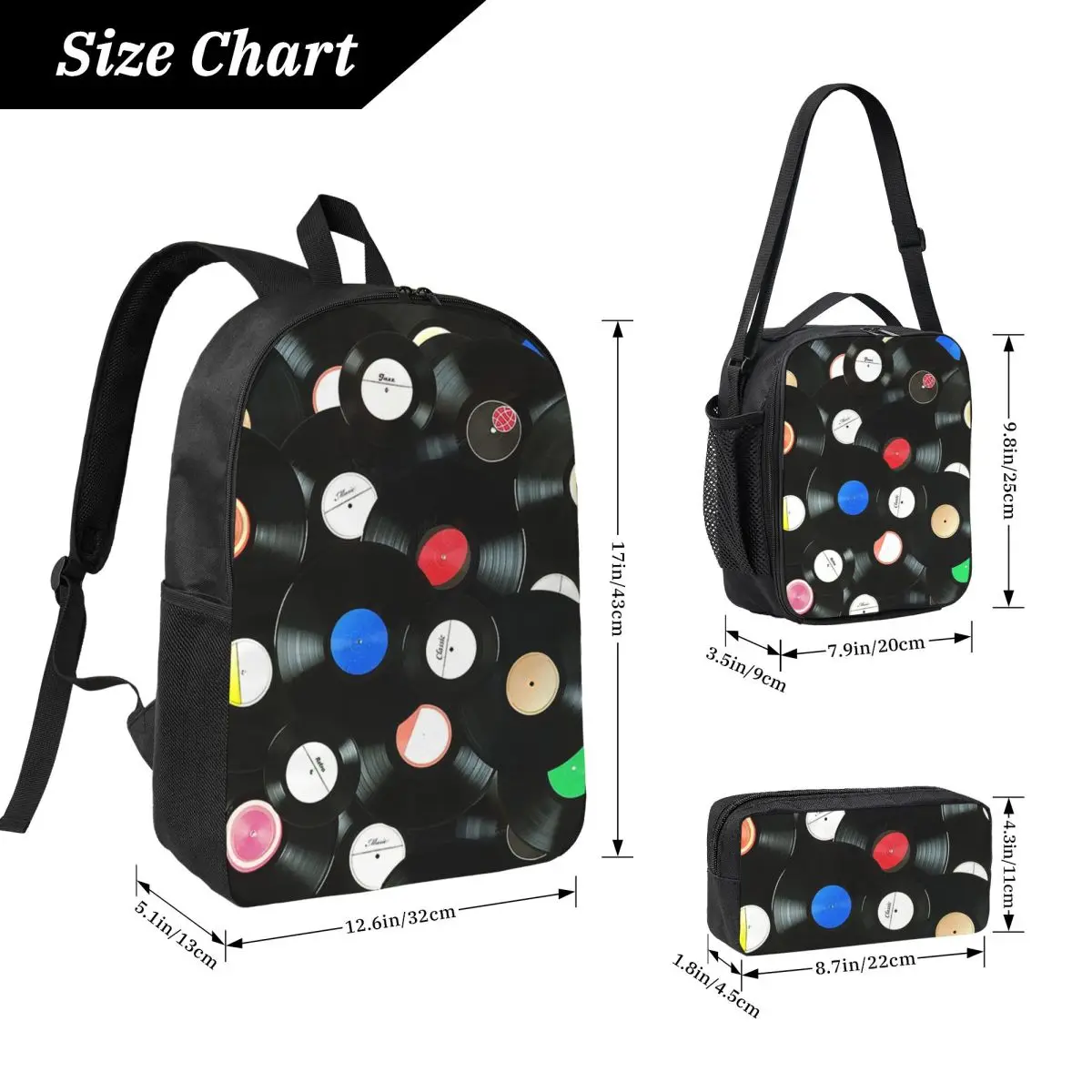 Nostalgic Retro Vinyl Record Street Hip Hop Backpack BookBag School Bag Laptop Shoulder Bags 3ps Insulated Lunch Bag Pencil Case