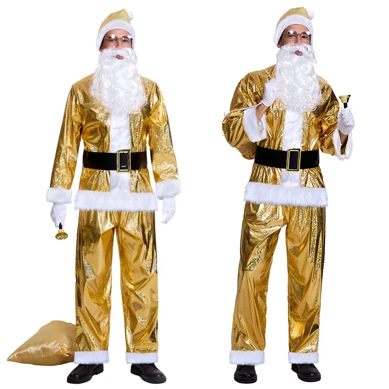 

Gold Christmas Costumes Set Men Christmas Eve Party Oufits Sparkle Adult Male Cosplay Santa Gold Top Pants Hat Belt Gloves Wig