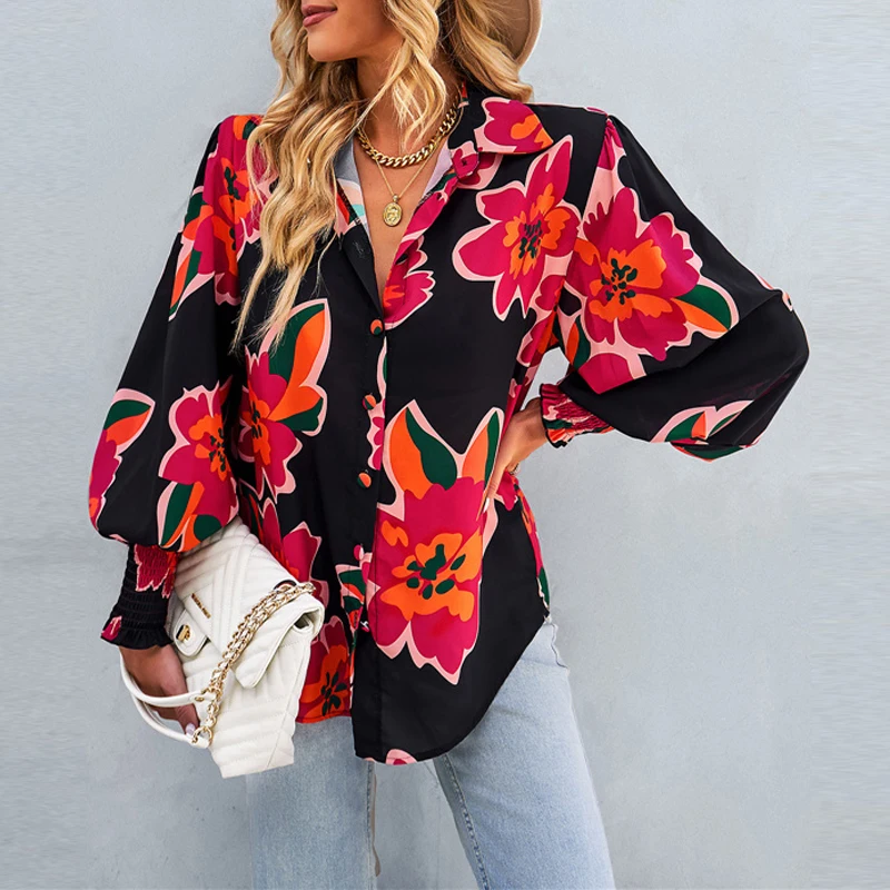 Fashion Women Printed Chiffon Shirt New Spring Autumn Elegant Lantern Long Sleeve Loose Office Casual Blouse Ladies Lapel Tops