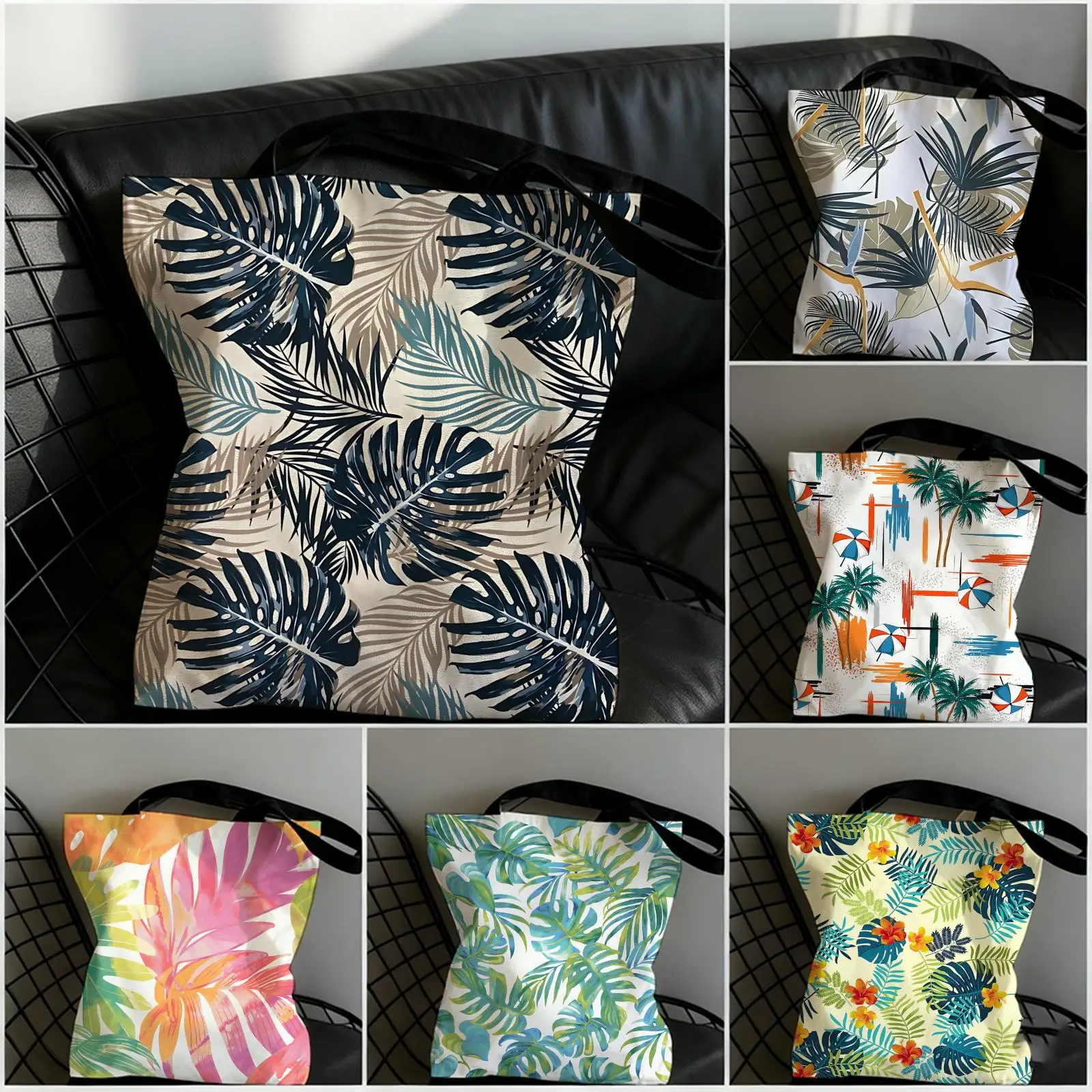 Leaf Pattern Storage Bags Double-Sided Printed Canvas Tote Bag Large Capacity Women Shoulder Handbag