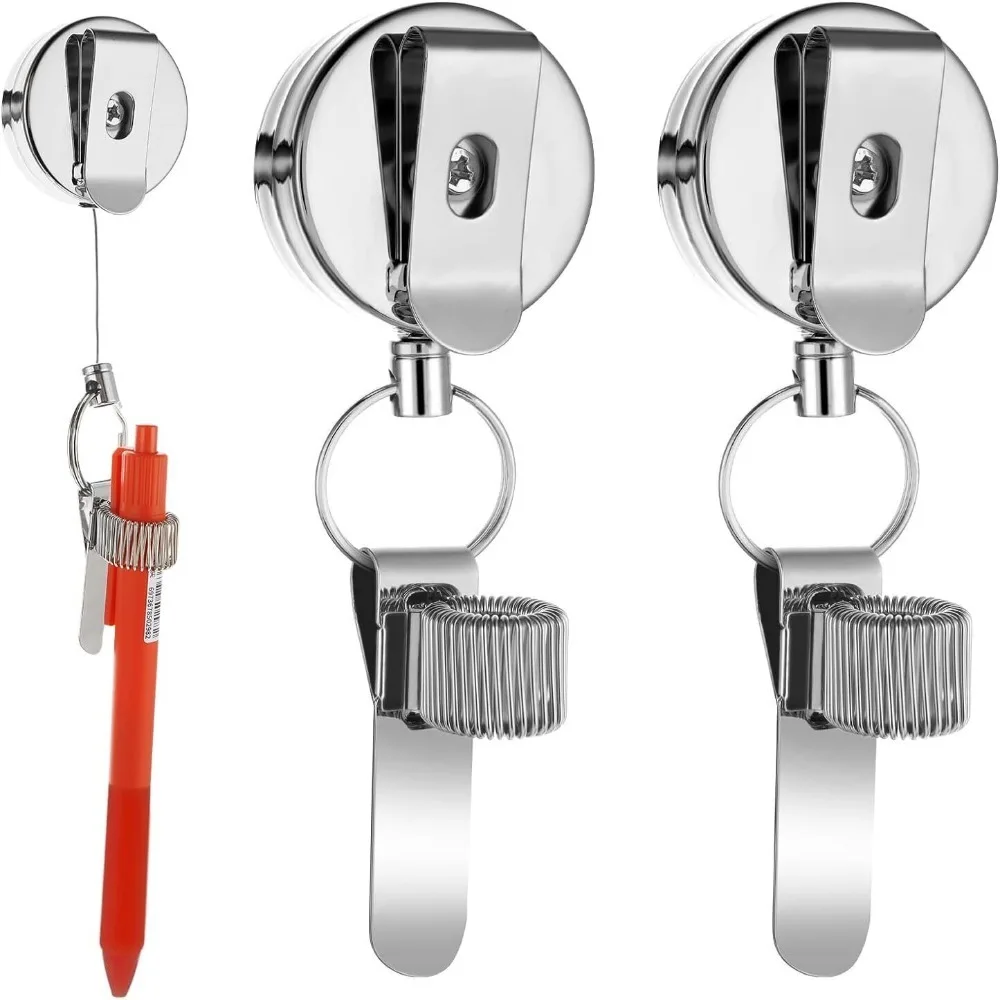 New Retractable Pull Pen Pencil Holder Lanyard Universal with Belt Clip Metal Key Ring