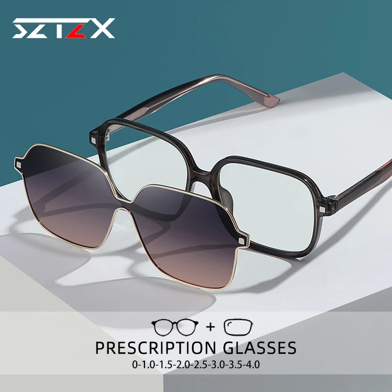 

SZTZX Trendy Magnet Clip On Hyperopia Myopia Reading Glasses Women Prescription Glasses With Color Gradient Polarized Sunglasses