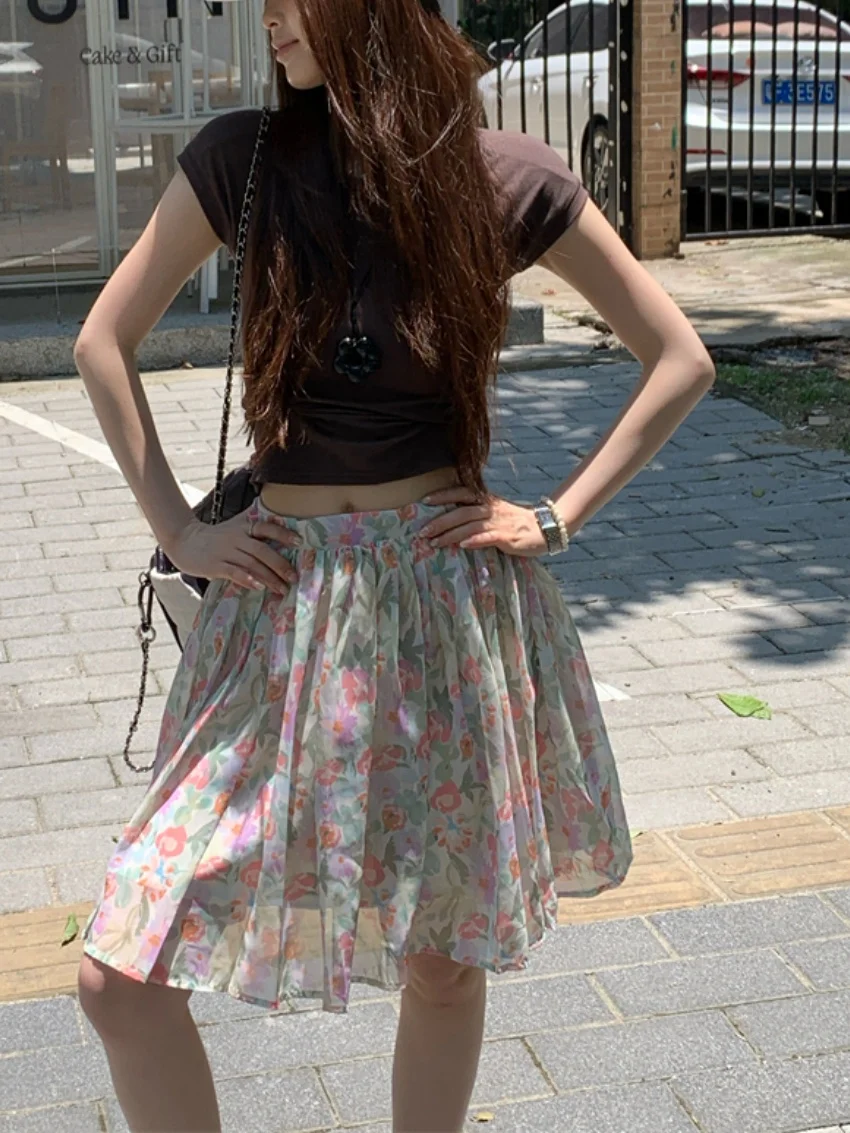Alien Kitty Summer Pleated Florals Skirts Women Sweet Daily Casual 2025 New Slim T-Shirts High Street Office Lady Gentle