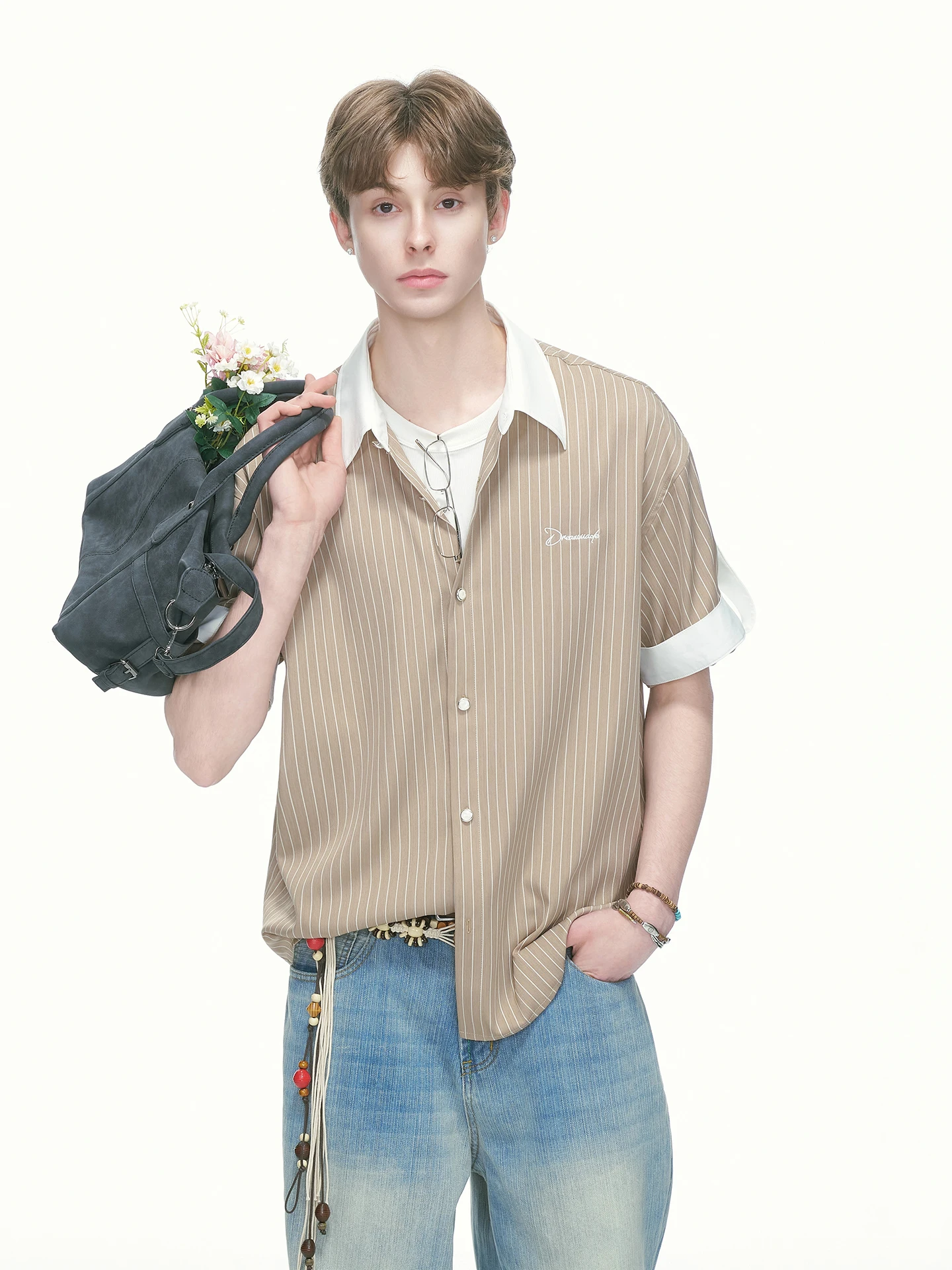 Blue Striped Short Sleeve Shirt Men's Summer Thin Anti-Wrinkle Fake Two-Piece Boys' Shirt Dream Made Breathable Comfortable P...