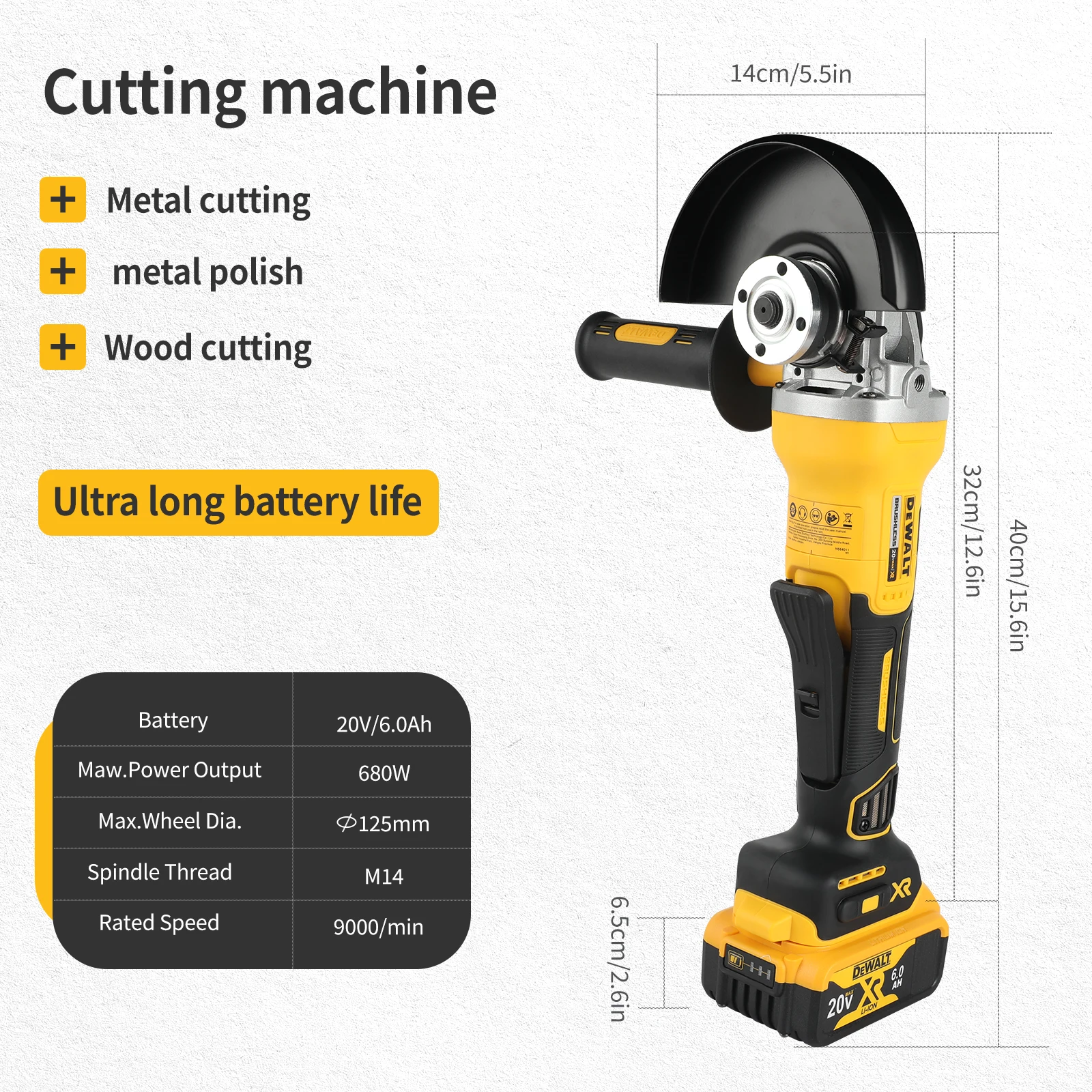 DEWALT DCG406 - مطحنة زاوية لاسلكية عالية الأداء بدون فرش (125 مم، M14) - قطع وتلميع فائق