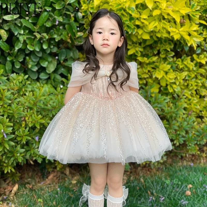 Princess Flower Girl Tutu Temperament Dress Back Bow Design Birthday Party Gown Children Summer Sleeveless Sweet Short Dress