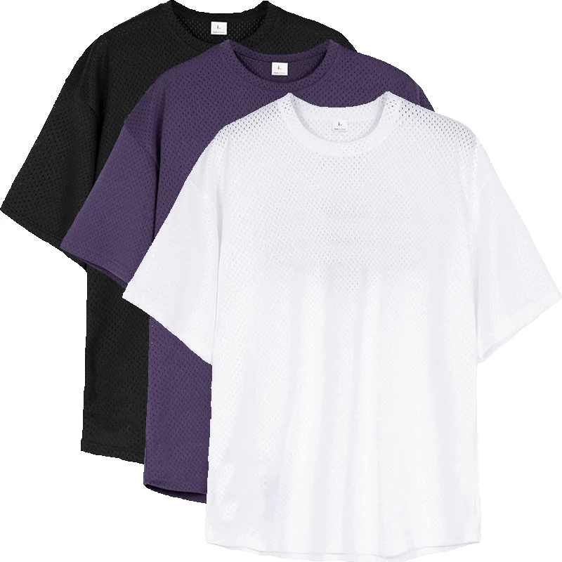 Plain Oversized T Shirts Men Running Dropped Shoulders Shirts Loose Mesh Quick Dry Half Sleeve Gym Fitness Bodybuilding Clothing