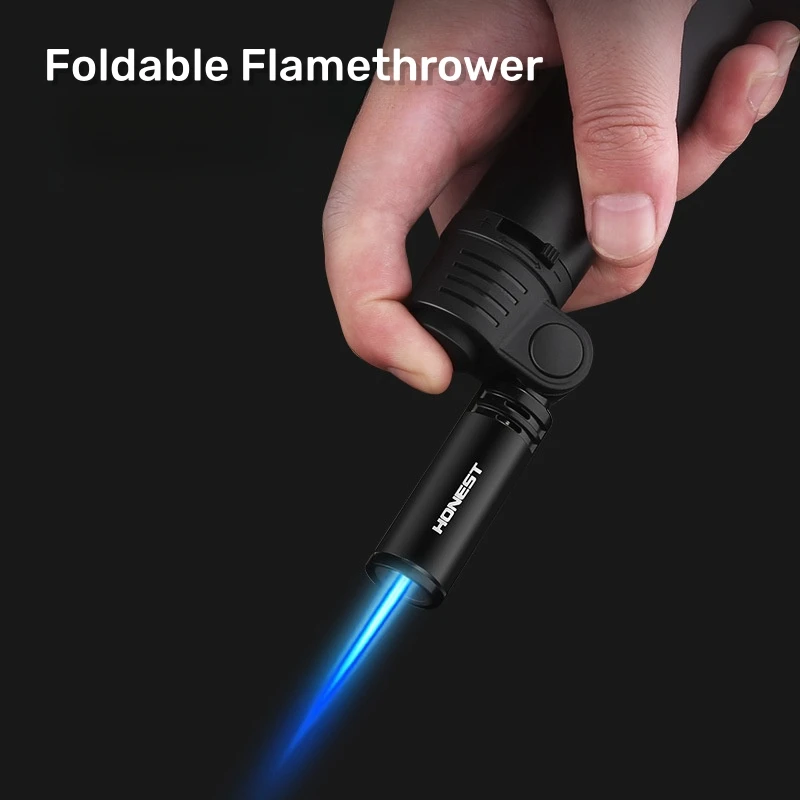 Honest Elbow Metal Direct  Inflatable Lighter Windproof Blue Flame Cigar Lighter Foldable Nozzle Small Welding Gun Outdoor Tool