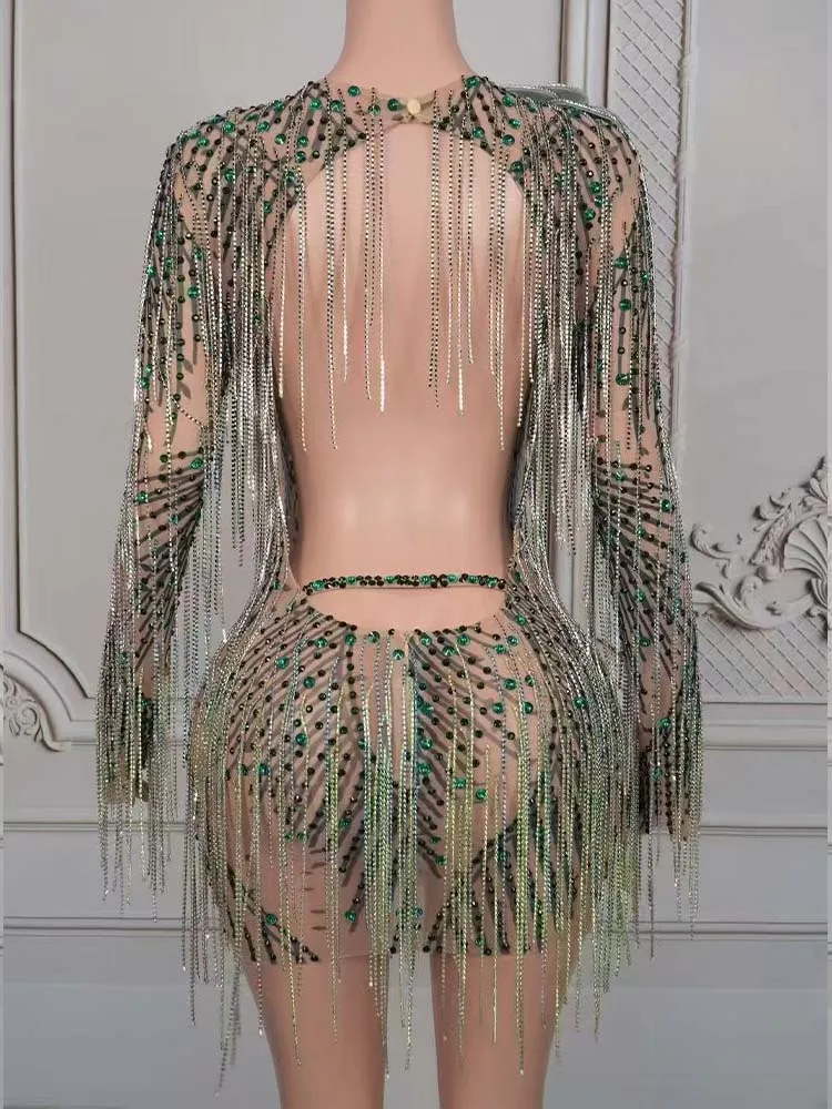 جودة عالية حجر الراين شرابة مثير عارية الظهر فستان بأكمام طويلة 2025 موضة جديدة مخصصة الملابس النسائية #4