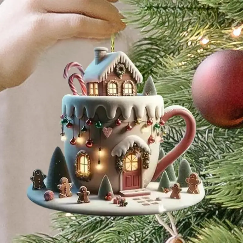 Kaffeetasse, Weihnachtsschmuck, Acryl, heißer Kakao, baumelnde Baumschmuck, 8 cm, baumelnder Beutelanhänger, einzigartiger Weihnachtsbaumschmuck