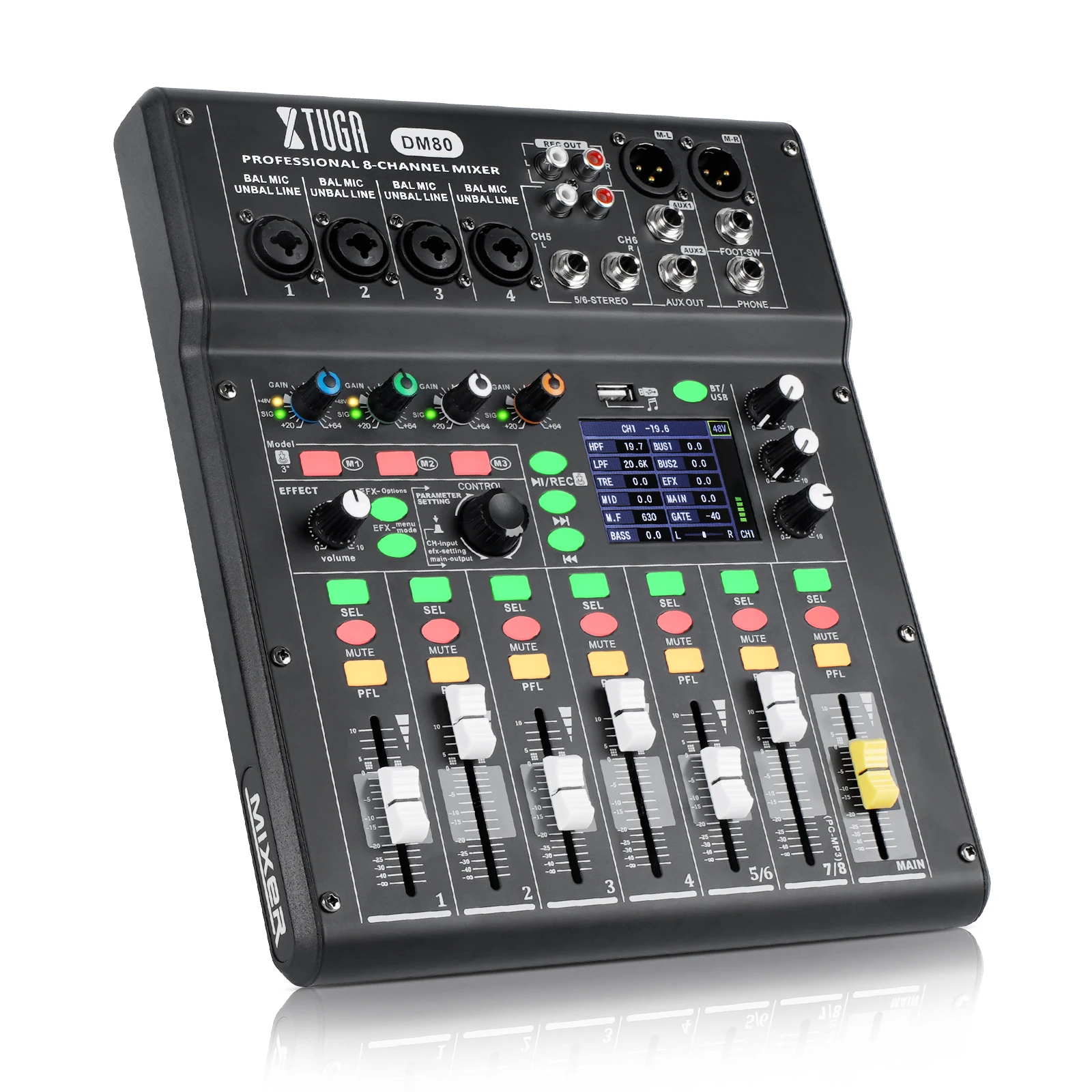 XTUGA DM80 Professional 8-Channel Metal Digital Audio Mixer with Built-In Effects and USB Recording