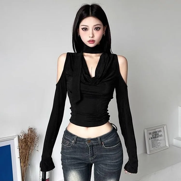 Sexy Off Shoulder Hollow Out Tops Mujer Y2k V-neck Slim Fit T-shirt for Women 2024 Summer New All-match Black Tee Shirt