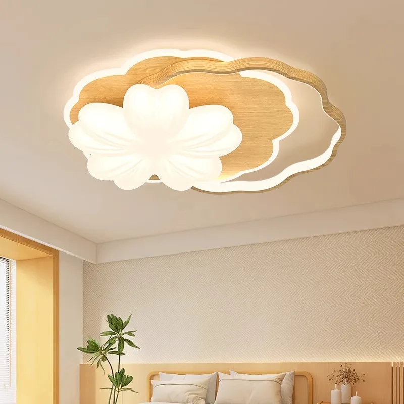 Nordic Cream Wood LED Ceiling Light Retro Bedroom Light Simple Fashionable Lighting Fixtures High-end Flower Study Ceiling Lamp