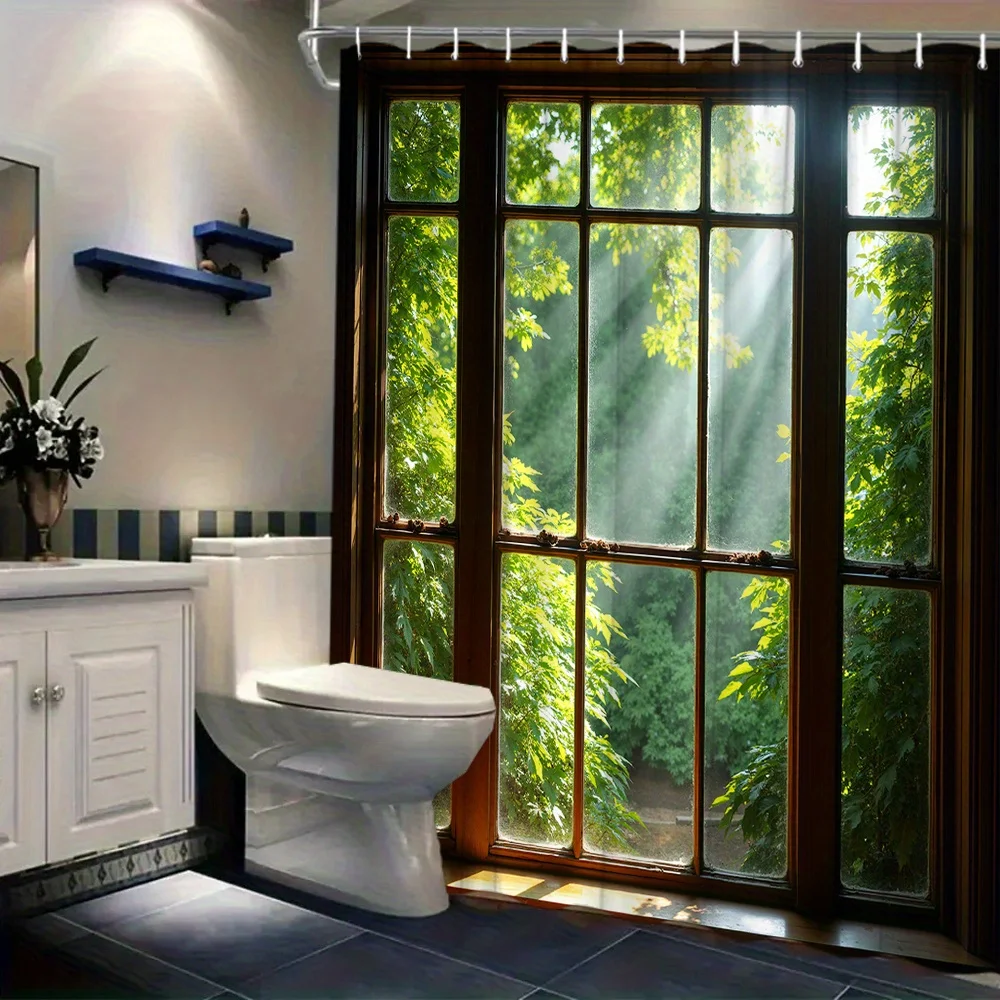 

Вид на окно, занавеска для душа, лесная зелень, луч солнечного света, природа, сцена, водонепроницаемая ткань, мирный декор для ванной комнаты