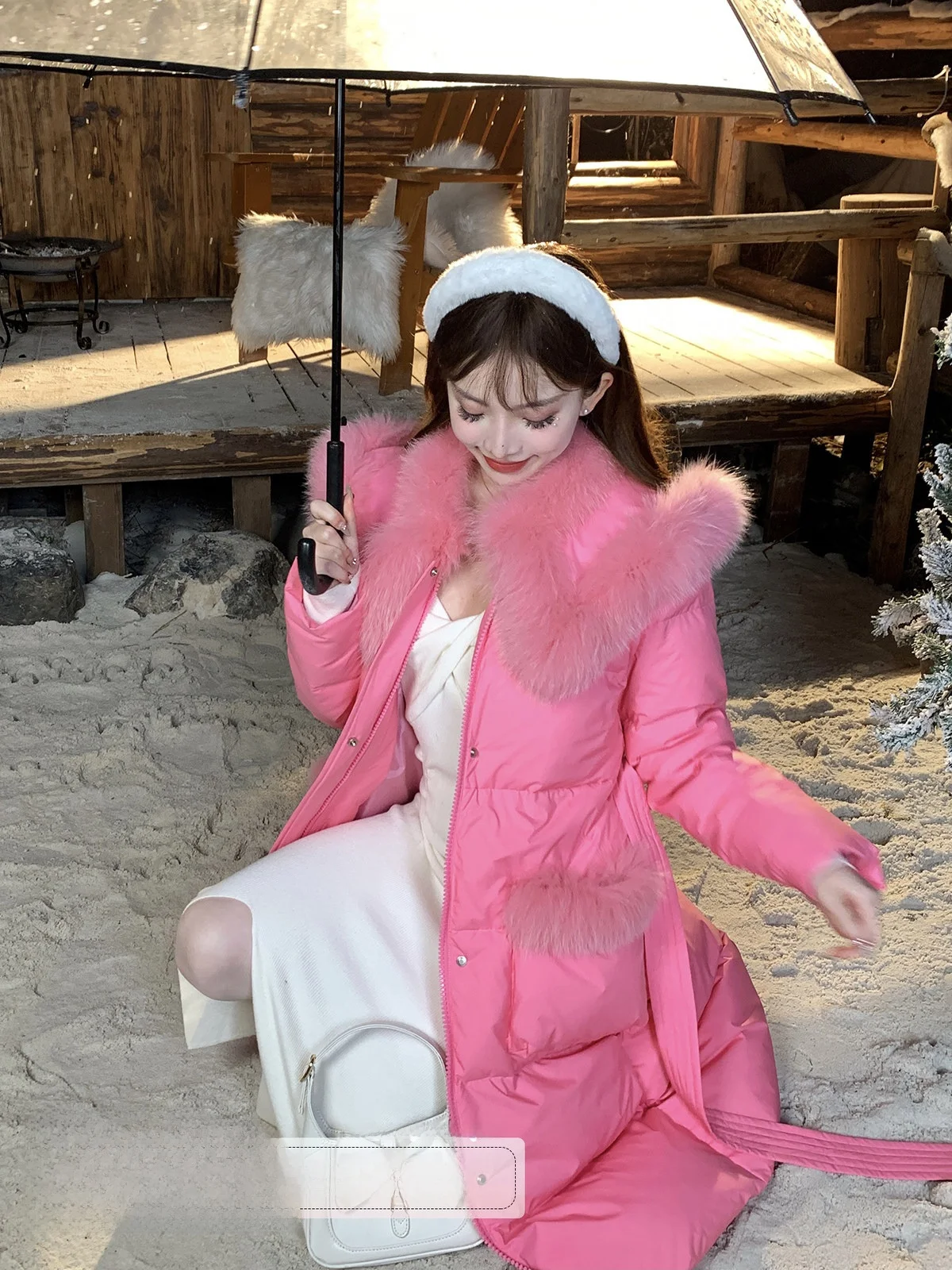 

Sweet Heart Bomber Jaet with Large Fur Collar Mid-Length White Du down Coat Sli Commuter Sle Slim Fit Long Sve