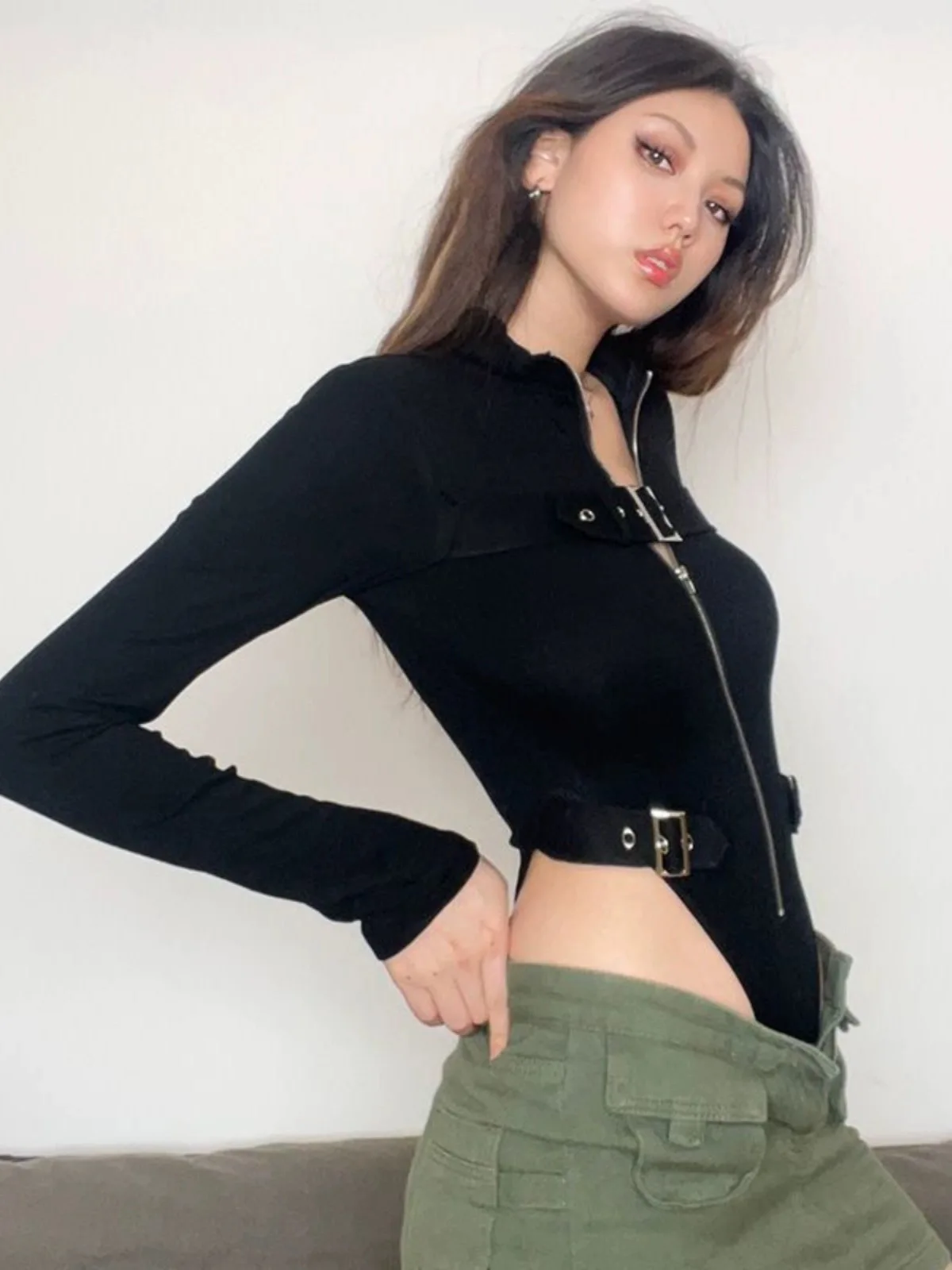 Hot Sweet Sexi ครึ่งซิปบอดี้สูทแขนยาวฤดูใบไม้ร่วง Y2K อินเทรนด์ Onesie Rompers สาว Cool Skinny Playsuit Vintage สีดําผอม