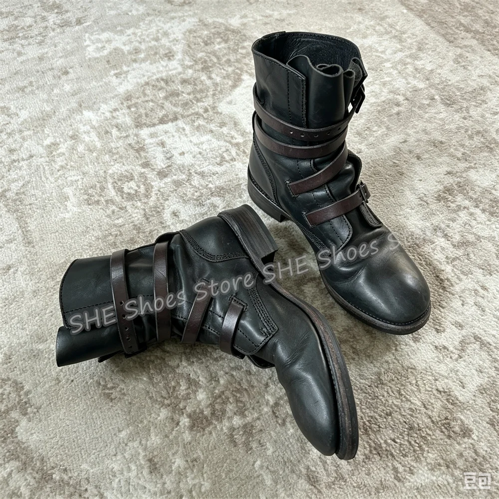 Male Vintage Distressed Leather Mid Calf Boots Punk Multi Buckle Strap Chunky Heel Motorcycle Boots Outside Streetwear Footwear