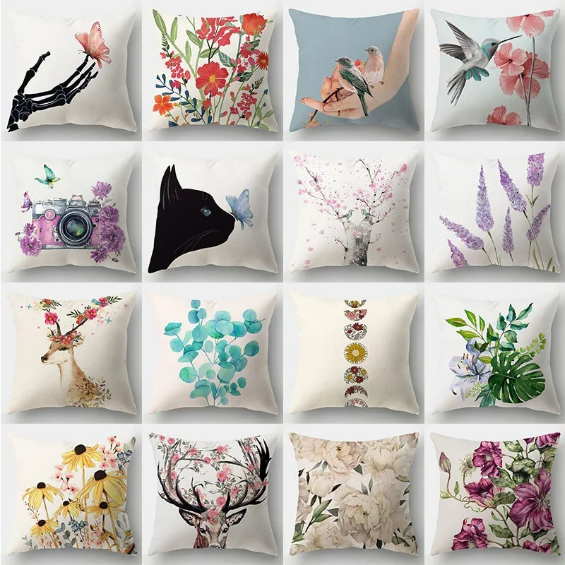 

Customizable Sofa Home Decor Animal Pillowcase Natural Leaves Floral Landscape Cushion Cover Short Plush Pillowcase