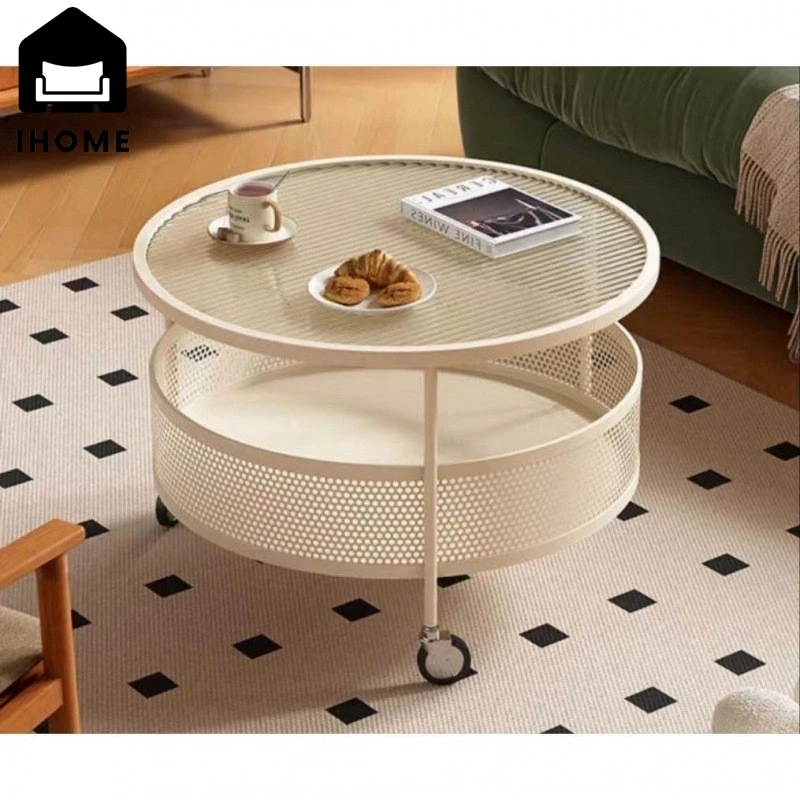 IHOME Living Room Movable Small Coffee Table, Sofa Side Table French Cream Style Simple Wheeled Storage Luxury Small Round Table