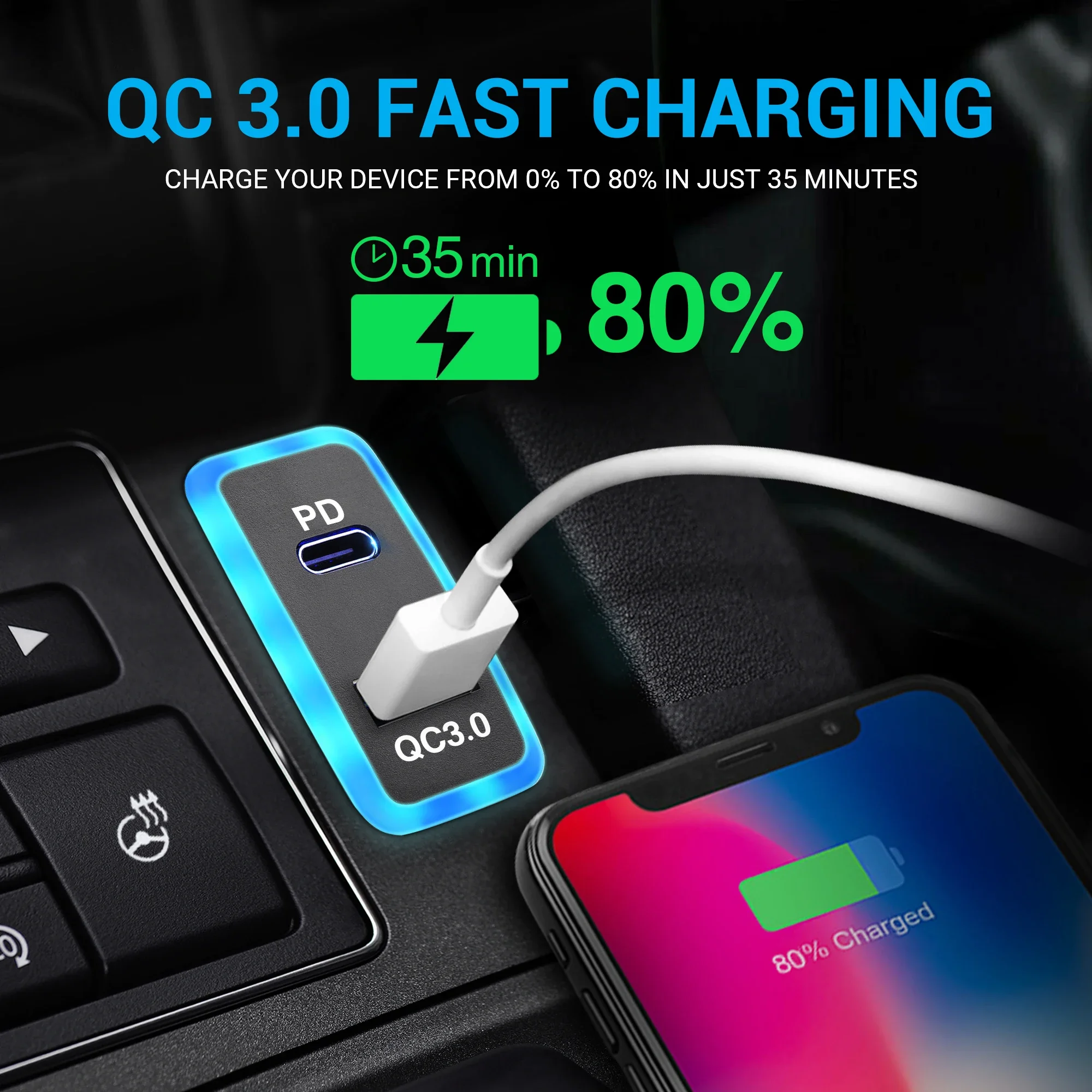 USB-C car charger, supports Type-C PD and QC3.0 dual USB fast charging ports, only for Toyota cars, compatible with iPhone&IPad