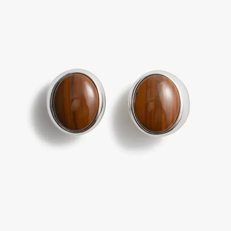 Sandalwood grain stone necklace French minimalist oval native wood grain stone stud earrings ring set egg surface retro ring