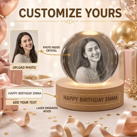 Personalized 3D Photo Crystal Ball,Custom Engraved Picture Crystal Sphere with Light Wooden LED Base,Customized Keepsake Gift